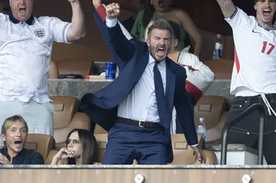 DAVID BECKHAM CELEBRATES ENGLAND'S WORLD CUP GOAL AS VICTORIA'S CALM REACTION GOES VIRAL